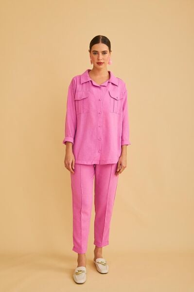 Raxy Cepli ve Nervürlü Keten Pembe Gömlek Pantolon Takım