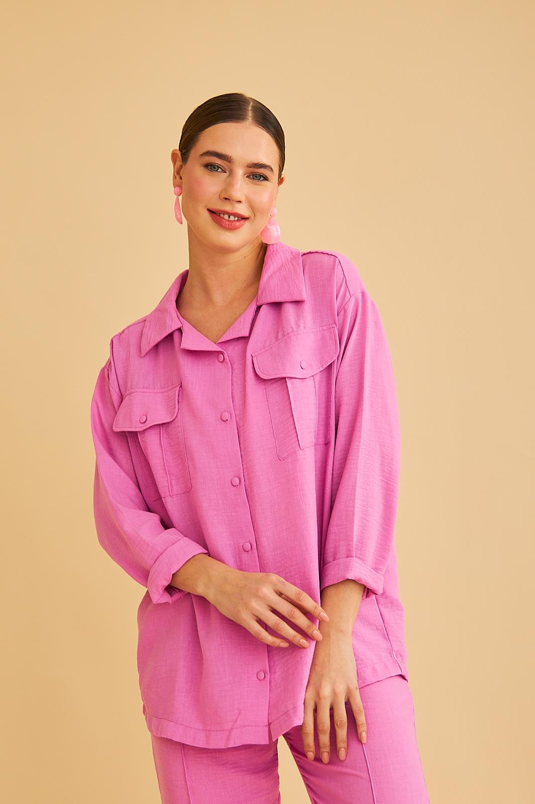 Raxy Cepli ve Nervürlü Keten Pembe Gömlek Pantolon Takım