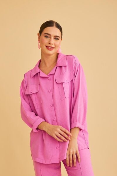 Raxy Cepli ve Nervürlü Keten Pembe Gömlek Pantolon Takım