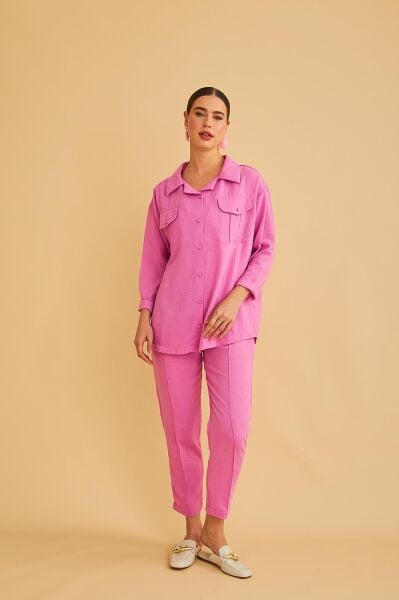 Raxy Cepli ve Nervürlü Keten Pembe Gömlek Pantolon Takım
