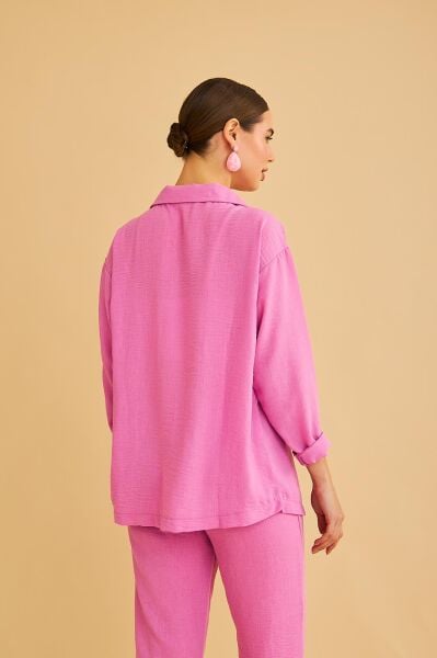 Raxy Cepli ve Nervürlü Keten Pembe Gömlek Pantolon Takım
