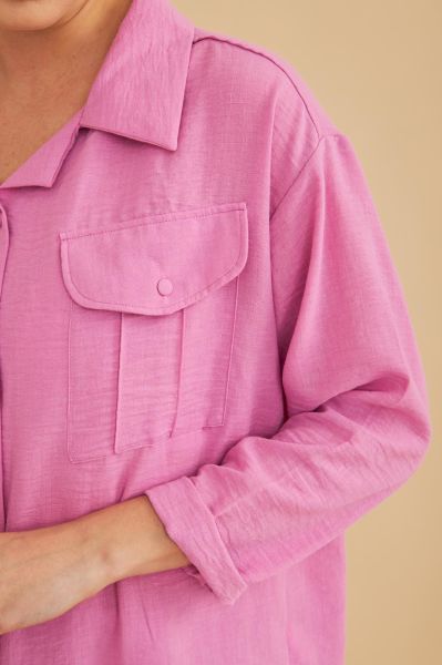 Raxy Cepli ve Nervürlü Keten Pembe Gömlek Pantolon Takım