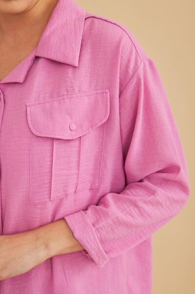 Raxy Cepli ve Nervürlü Keten Pembe Gömlek Pantolon Takım