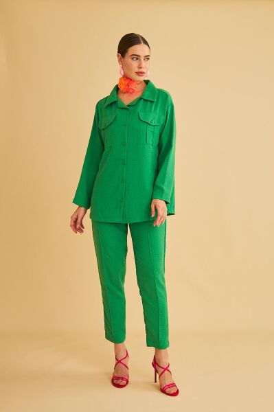 Raxy Cepli ve Nervürlü Keten Yeşil Gömlek Pantolon Takım