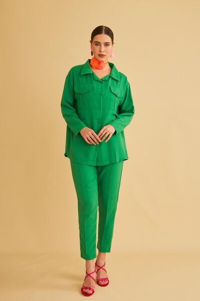 Raxy Cepli ve Nervürlü Keten Yeşil Gömlek Pantolon Takım