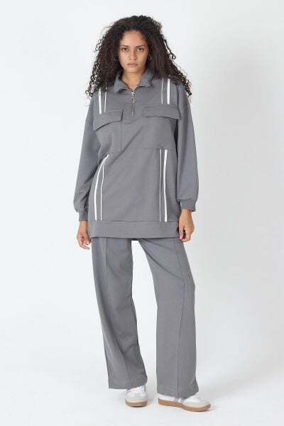 Füme Kadın Etek Yırtmaçlı Fermuar Kapamalı Cep Detaylı Sweatshirt Ve Bol Paça Nervürlü Pantolon Pamuklu Örme Alt Üst Takım