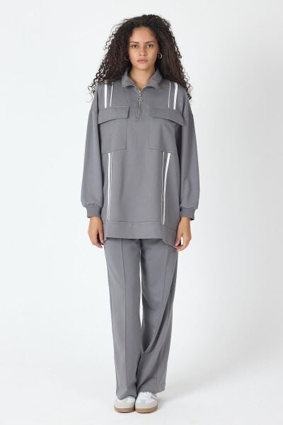 Füme Kadın Etek Yırtmaçlı Fermuar Kapamalı Cep Detaylı Sweatshirt Ve Bol Paça Nervürlü Pantolon Pamuklu Örme Alt Üst Takım