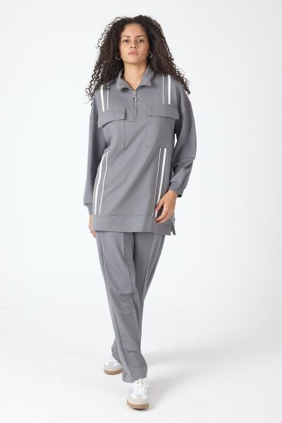 Füme Kadın Etek Yırtmaçlı Fermuar Kapamalı Cep Detaylı Sweatshirt Ve Bol Paça Nervürlü Pantolon Pamuklu Örme Alt Üst Takım