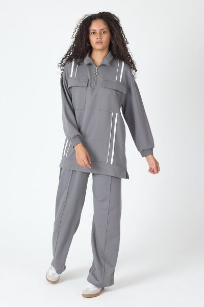 Füme Kadın Etek Yırtmaçlı Fermuar Kapamalı Cep Detaylı Sweatshirt Ve Bol Paça Nervürlü Pantolon Pamuklu Örme Alt Üst Takım