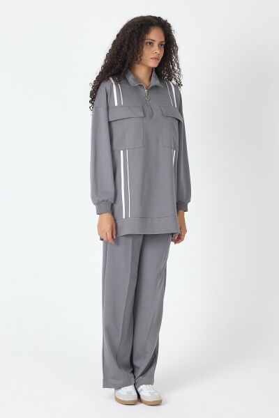Füme Kadın Etek Yırtmaçlı Fermuar Kapamalı Cep Detaylı Sweatshirt Ve Bol Paça Nervürlü Pantolon Pamuklu Örme Alt Üst Takım
