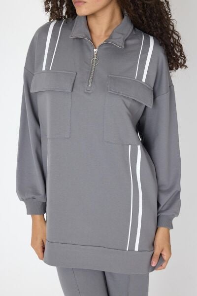 Füme Kadın Etek Yırtmaçlı Fermuar Kapamalı Cep Detaylı Sweatshirt Ve Bol Paça Nervürlü Pantolon Pamuklu Örme Alt Üst Takım