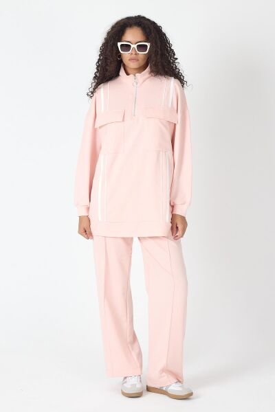 Pudra Kadın Etek Yırtmaçlı Fermuar Kapamalı Cep Detaylı Sweatshirt Ve Bol Paça Nervürlü Pantolon Pamuklu Örme Alt Üst Takım