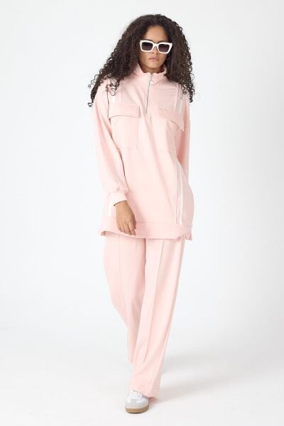 Pudra Kadın Etek Yırtmaçlı Fermuar Kapamalı Cep Detaylı Sweatshirt Ve Bol Paça Nervürlü Pantolon Pamuklu Örme Alt Üst Takım