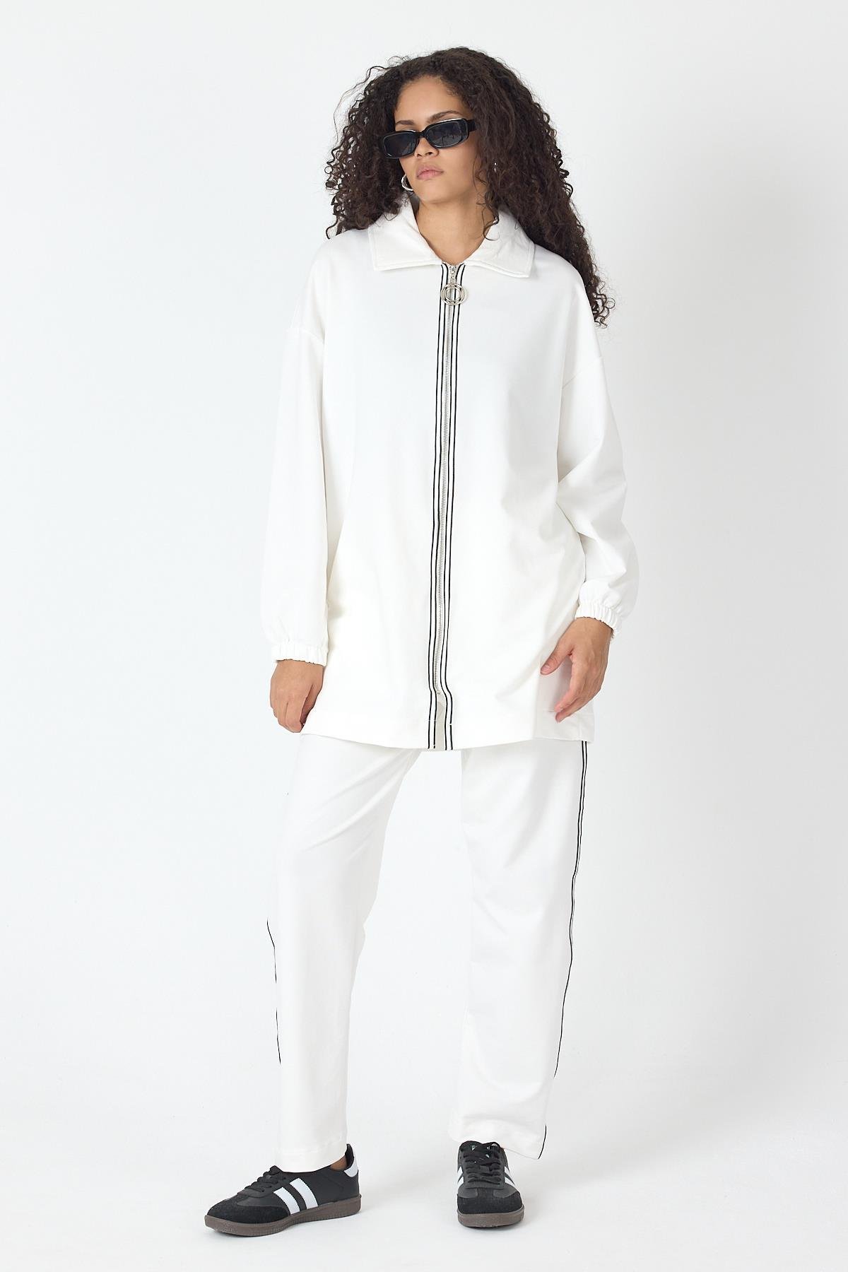 Ekru Kadın Fermuar Kapamalı Şerit Detaylı Gömlek Yaka Pamuklu Örme Alt Üst Takım