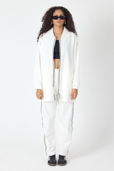 Ekru Kadın Fermuar Kapamalı Şerit Detaylı Gömlek Yaka Pamuklu Örme Alt Üst Takım