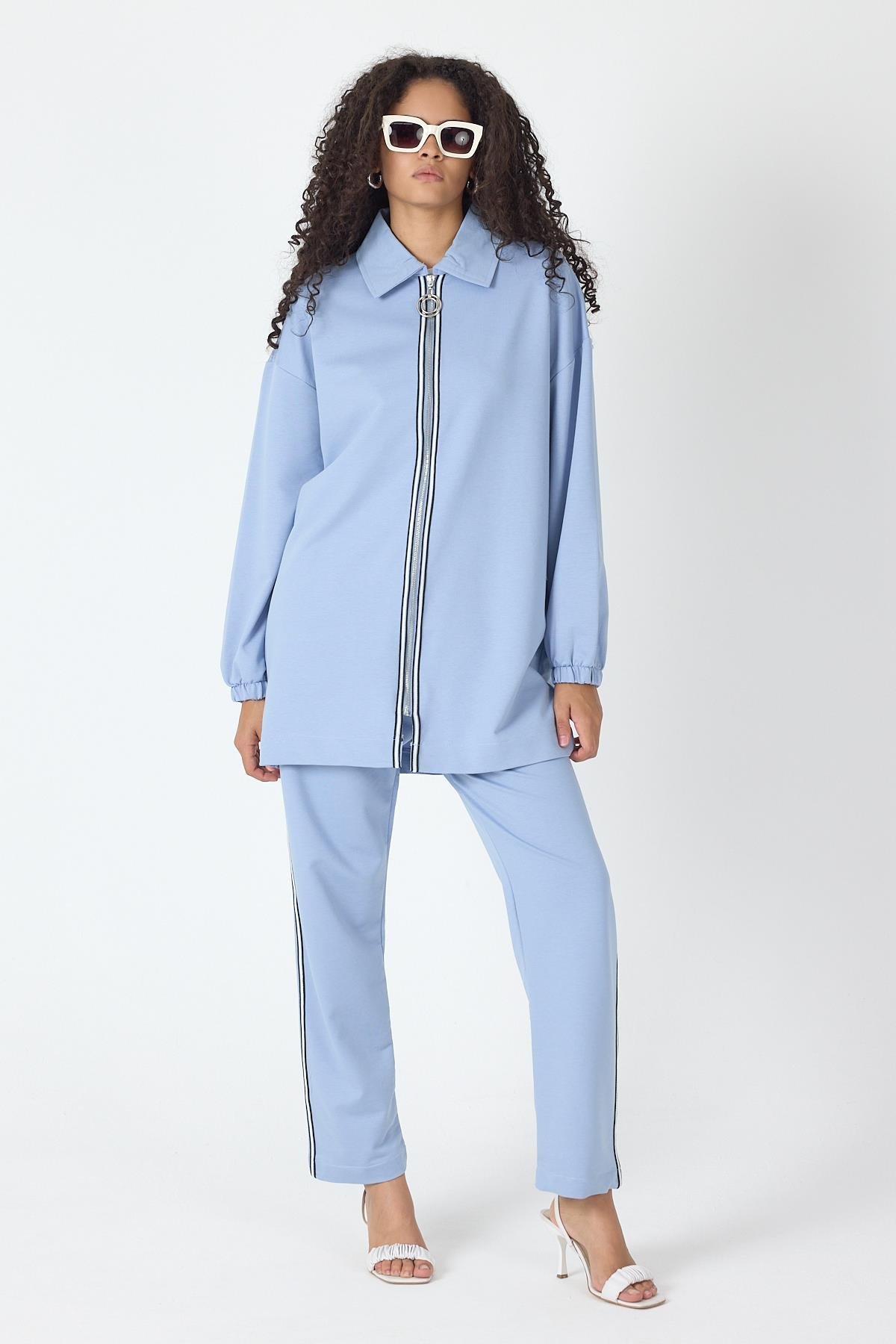 İndigo Kadın Fermuar Kapamalı Şerit Detaylı Gömlek Yaka Pamuklu Örme Alt Üst Takım