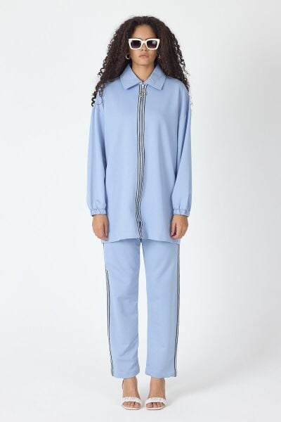 İndigo Kadın Fermuar Kapamalı Şerit Detaylı Gömlek Yaka Pamuklu Örme Alt Üst Takım