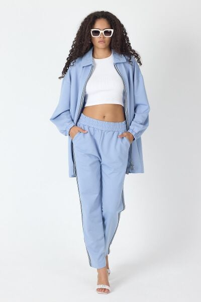 İndigo Kadın Fermuar Kapamalı Şerit Detaylı Gömlek Yaka Pamuklu Örme Alt Üst Takım