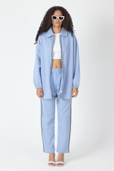 İndigo Kadın Fermuar Kapamalı Şerit Detaylı Gömlek Yaka Pamuklu Örme Alt Üst Takım