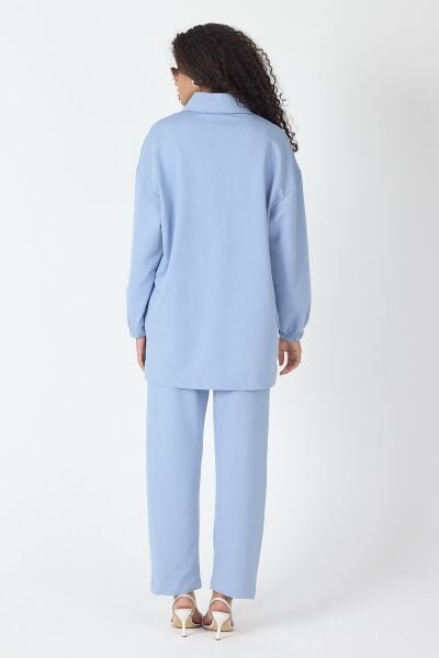 İndigo Kadın Fermuar Kapamalı Şerit Detaylı Gömlek Yaka Pamuklu Örme Alt Üst Takım