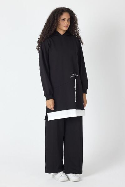 Siyah Kadın Etek Süpremli Baskı Detaylı Fermuar Kapamalı Kapüşonlu Pamuklu Örme Alt Üst Takım