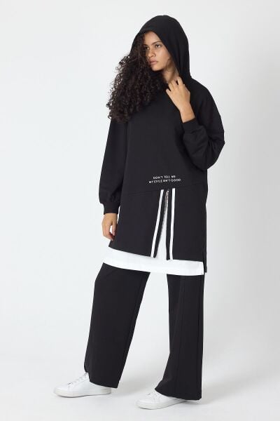 Siyah Kadın Etek Süpremli Baskı Detaylı Fermuar Kapamalı Kapüşonlu Pamuklu Örme Alt Üst Takım