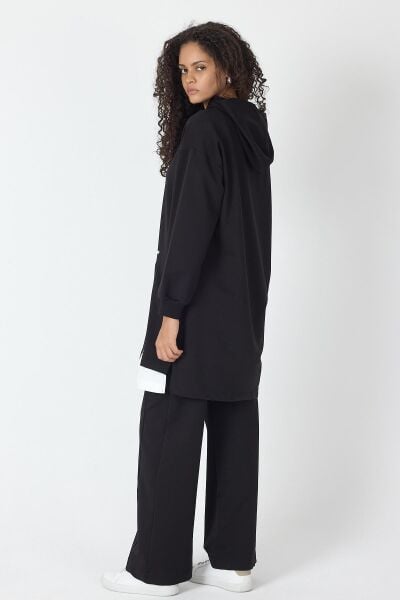 Siyah Kadın Etek Süpremli Baskı Detaylı Fermuar Kapamalı Kapüşonlu Pamuklu Örme Alt Üst Takım