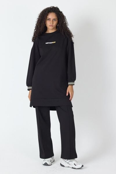 Siyah Kadın Etek Ucu Yırtmaçlı Baskı Detaylı  Nervürlü Bol Paça Pantolon Sweatshirt  Alt Üst Takım