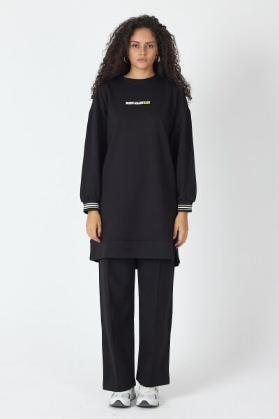 Siyah Kadın Etek Ucu Yırtmaçlı Baskı Detaylı  Nervürlü Bol Paça Pantolon Sweatshirt  Alt Üst Takım