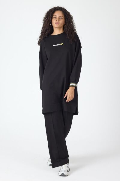 Siyah Kadın Etek Ucu Yırtmaçlı Baskı Detaylı  Nervürlü Bol Paça Pantolon Sweatshirt  Alt Üst Takım