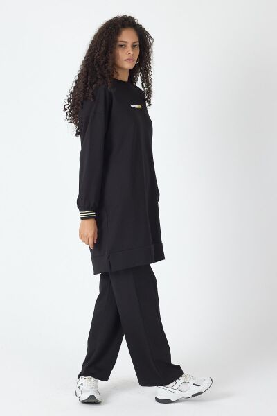 Siyah Kadın Etek Ucu Yırtmaçlı Baskı Detaylı  Nervürlü Bol Paça Pantolon Sweatshirt  Alt Üst Takım