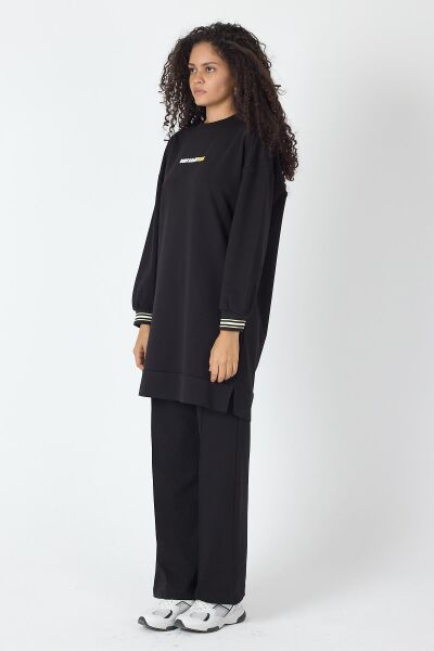 Siyah Kadın Etek Ucu Yırtmaçlı Baskı Detaylı  Nervürlü Bol Paça Pantolon Sweatshirt  Alt Üst Takım