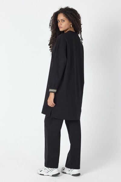 Siyah Kadın Etek Ucu Yırtmaçlı Baskı Detaylı  Nervürlü Bol Paça Pantolon Sweatshirt  Alt Üst Takım