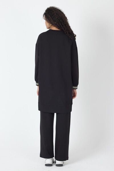 Siyah Kadın Etek Ucu Yırtmaçlı Baskı Detaylı  Nervürlü Bol Paça Pantolon Sweatshirt  Alt Üst Takım