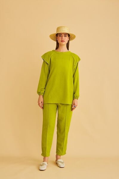Eles Omuz Taşlı Kolları Büzgülü Keten Olive Tunik Pantolon Takım
