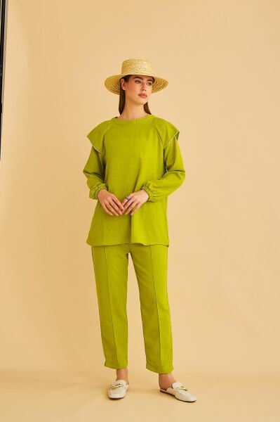 Eles Omuz Taşlı Kolları Büzgülü Keten Olive Tunik Pantolon Takım