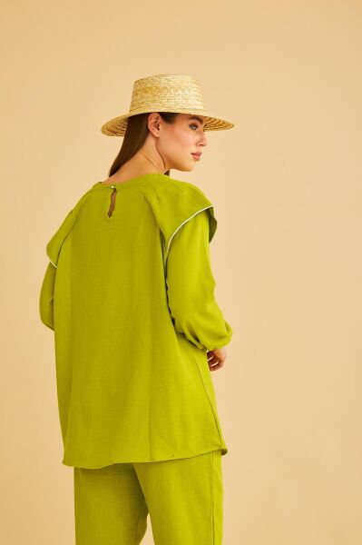 Eles Omuz Taşlı Kolları Büzgülü Keten Olive Tunik Pantolon Takım