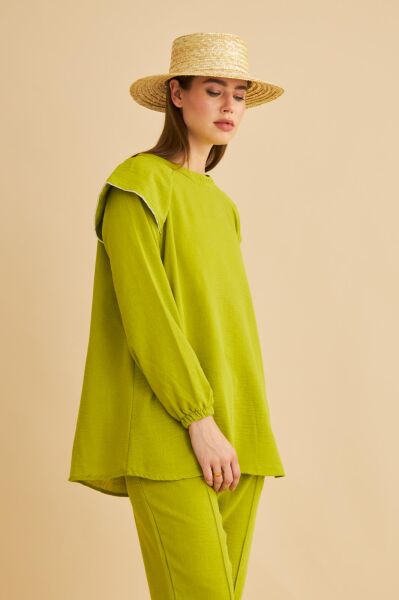 Eles Omuz Taşlı Kolları Büzgülü Keten Olive Tunik Pantolon Takım