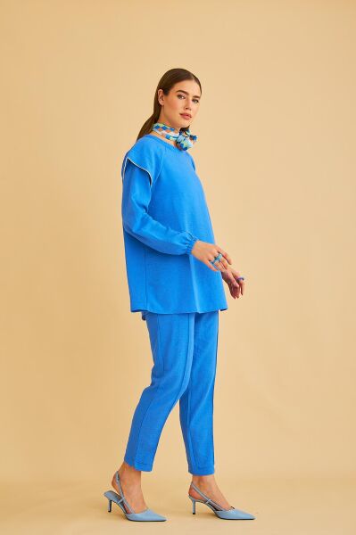 Eles Omuz Taşlı Kolları Büzgülü Keten Mavi Tunik Pantolon Takım
