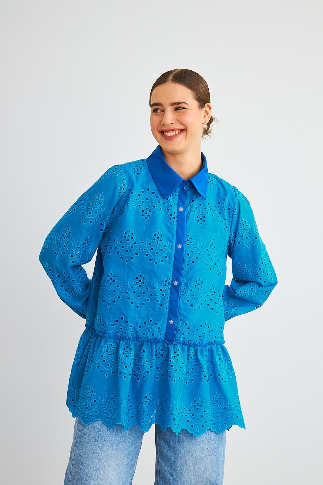 Vale Taş İşlemeli Eteği Fırfırlı Brode Saks Gömlek