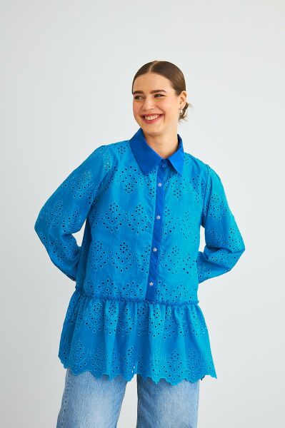 Vale Taş İşlemeli Eteği Fırfırlı Brode Saks Gömlek