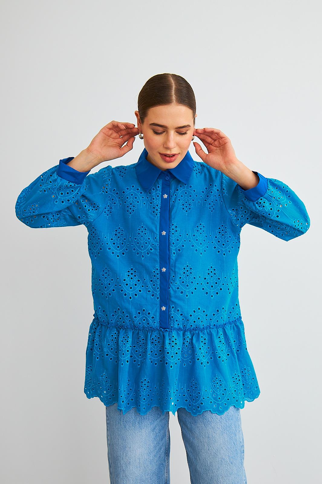 Vale Taş İşlemeli Eteği Fırfırlı Brode Saks Gömlek