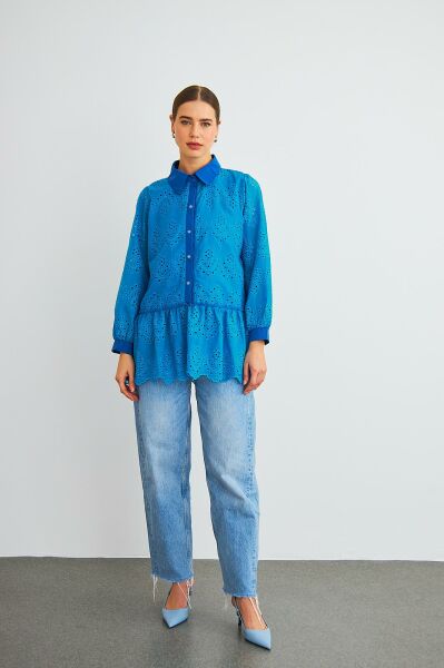 Vale Taş İşlemeli Eteği Fırfırlı Brode Saks Gömlek