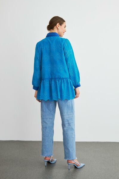 Vale Taş İşlemeli Eteği Fırfırlı Brode Saks Gömlek