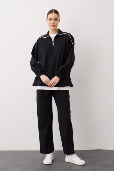 Siyah Eteği Süprem Detaylı Fermuarlı Örme Pamuklu Alt Üst Takım