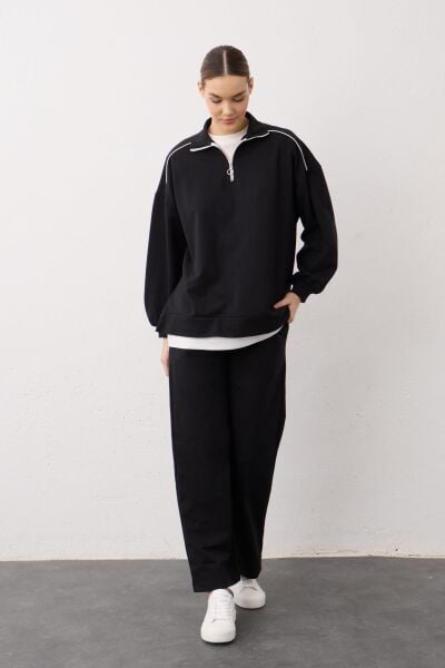 Siyah Eteği Süprem Detaylı Fermuarlı Örme Pamuklu Alt Üst Takım