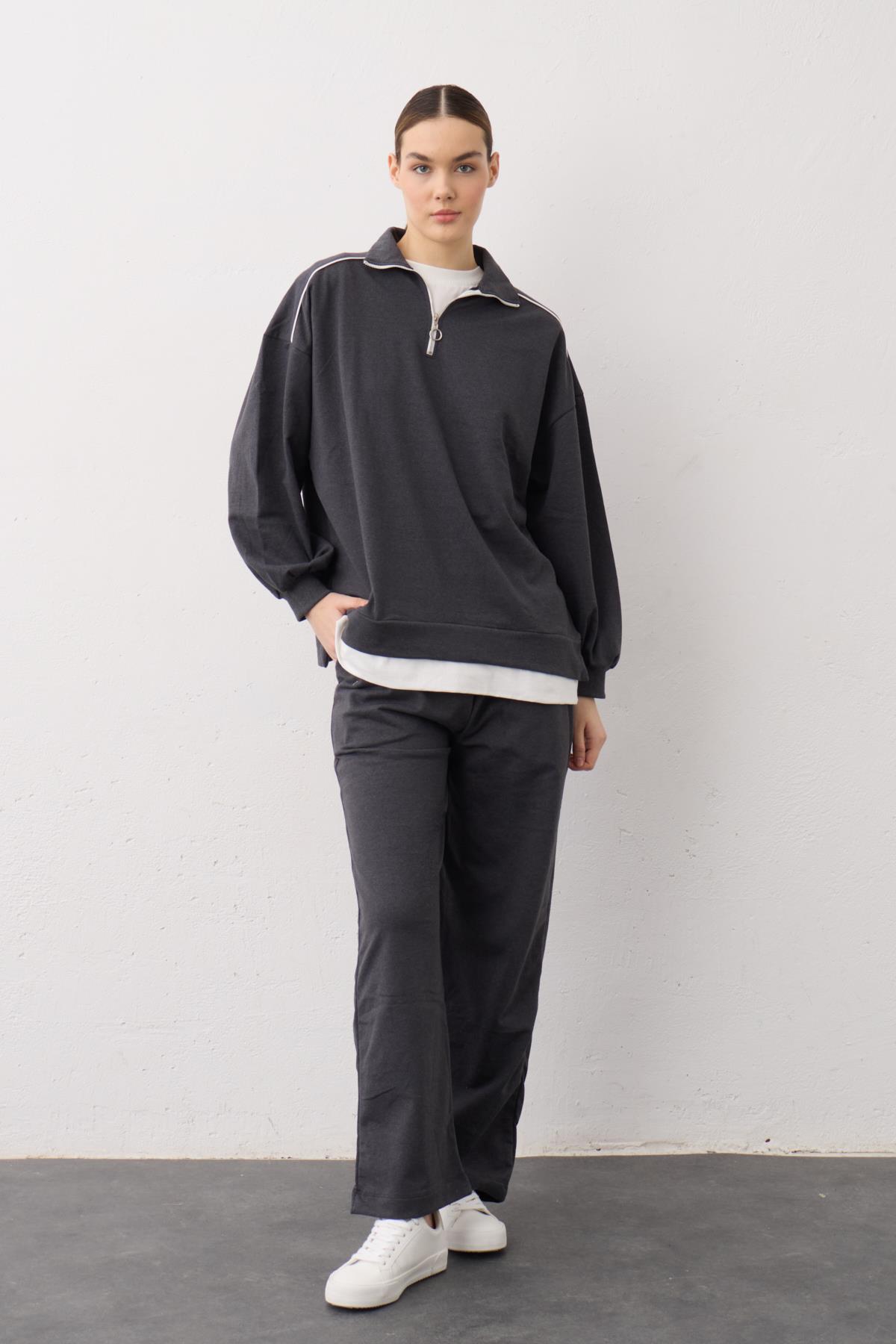 Antrasit Eteği Süprem Detaylı Fermuarlı Örme Pamuklu Alt Üst Takım